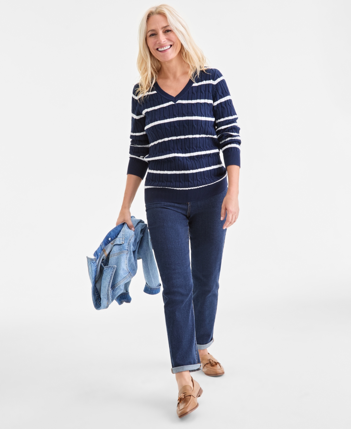 Style & Co Women's Cotton Cable-knit Striped Sweater, Macy's Exclusive In Blue