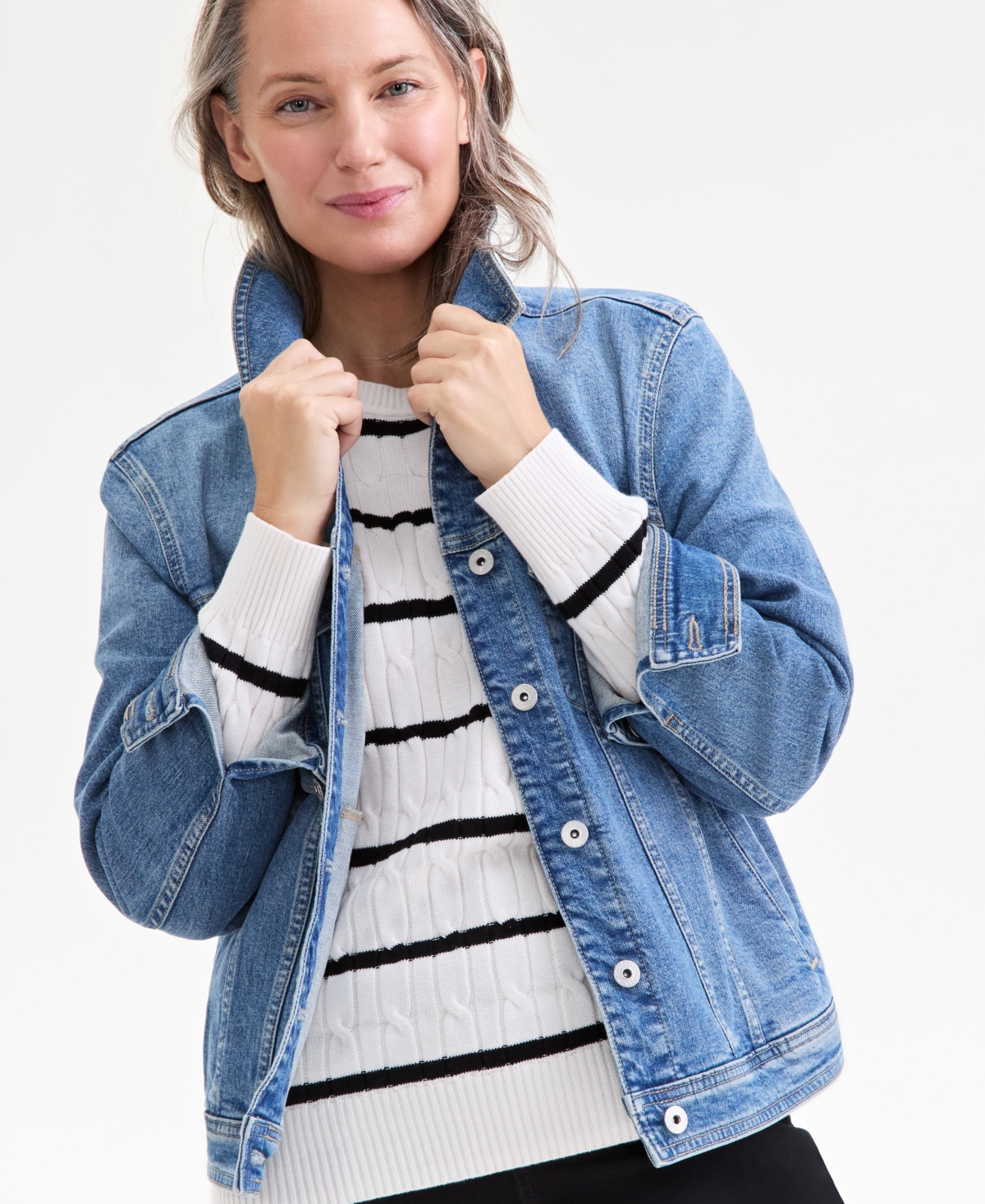 Style & Co Women's Cotton Striped Cable-knit Sweater, Macy's Exclusive In White