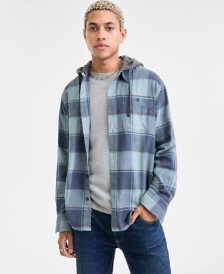 Sun + Stone - Men's Irving Layered-Look Hooded Cotton Flannel Plaid Shirt