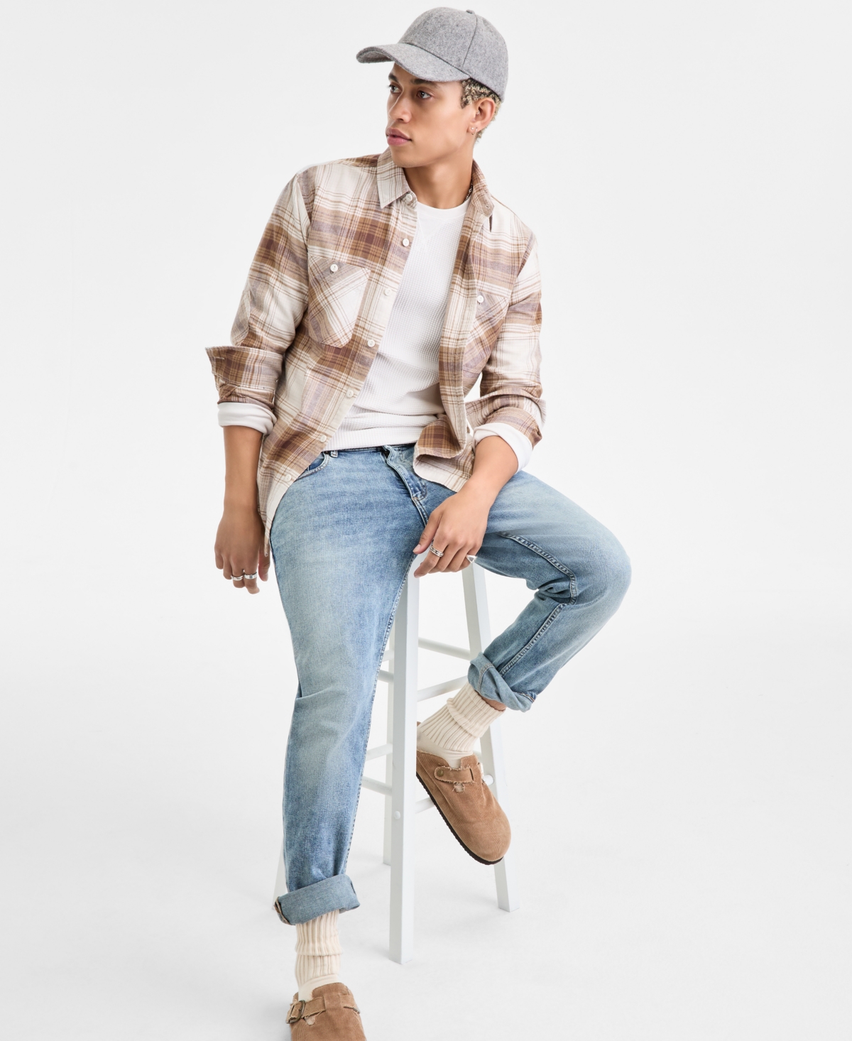 Sun + Stone Men's Curry Long-Sleeve Cotton Flannel Plaid Shirt, Macy's Exclusive