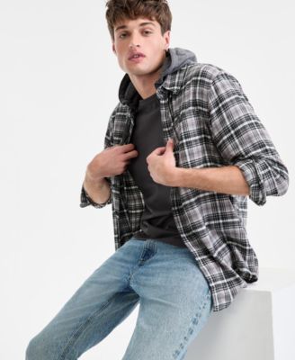 Men's Russel Layered-Look Hooded Cotton Flannel Plaid Shirt, Macy's Exclusive