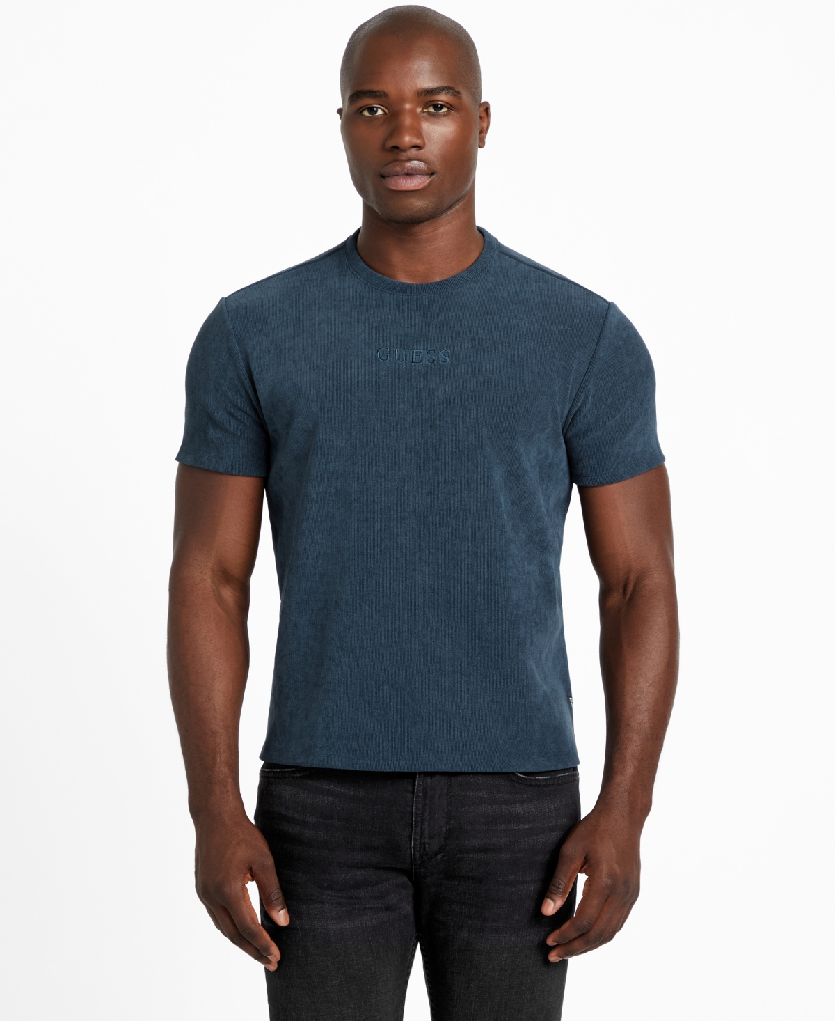 Guess Men's Regular-fit Ribbed-knit Embroidered Logo Graphic T-shirt In Blue