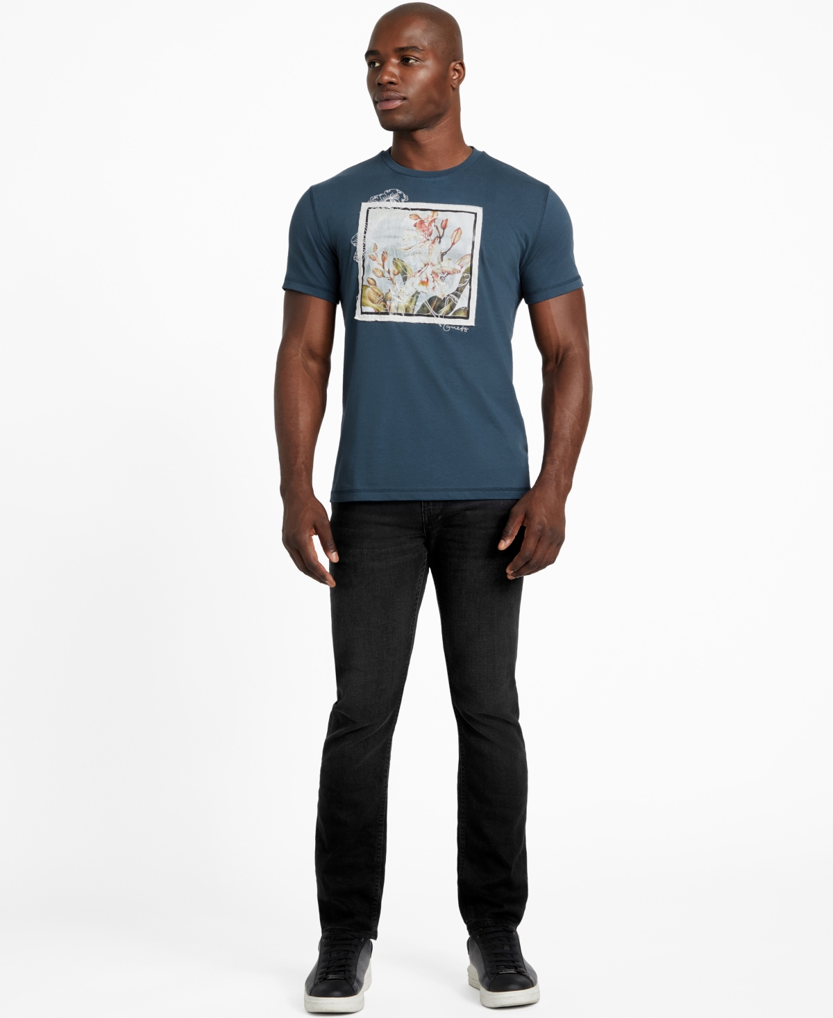 Guess Men's Short Sleeve Crewneck Flower Box Graphic T-shirt In Blue