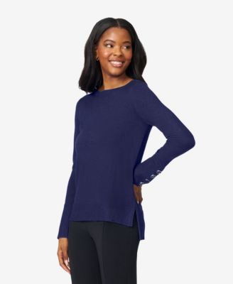 Women's Fine Gauge Boat-Neck Buttoned-Cuff Sweater