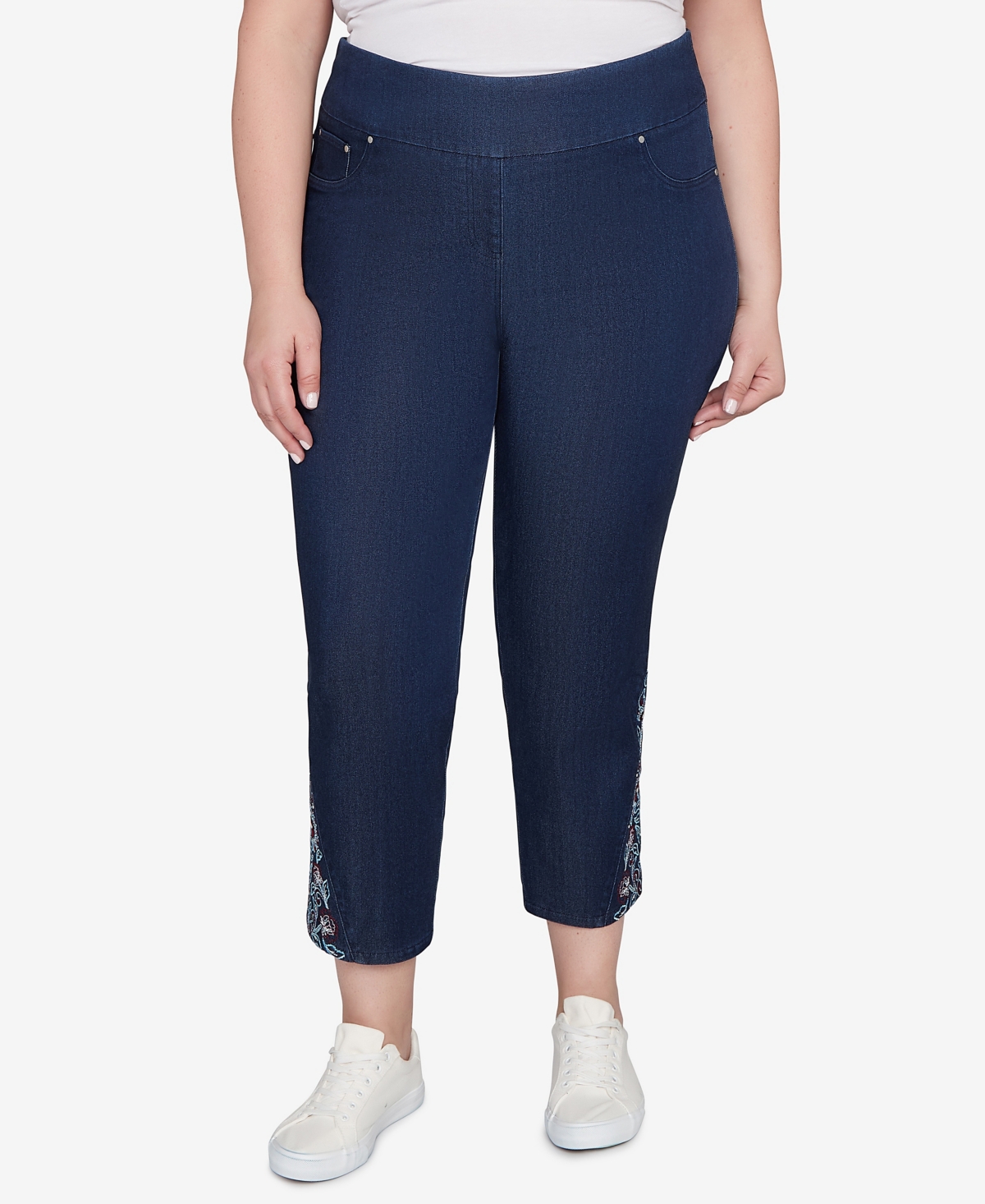 Plus Size Super Soft Stretch Denim Embroidered Ankle Jeans - Dark Indigo