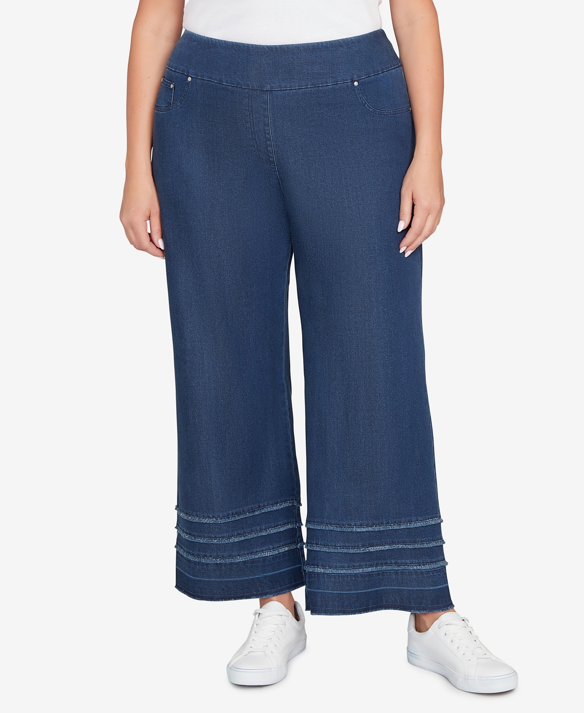 Plus Size Stretch Fringe Pull-On Ankle Jeans - Dark Indigo