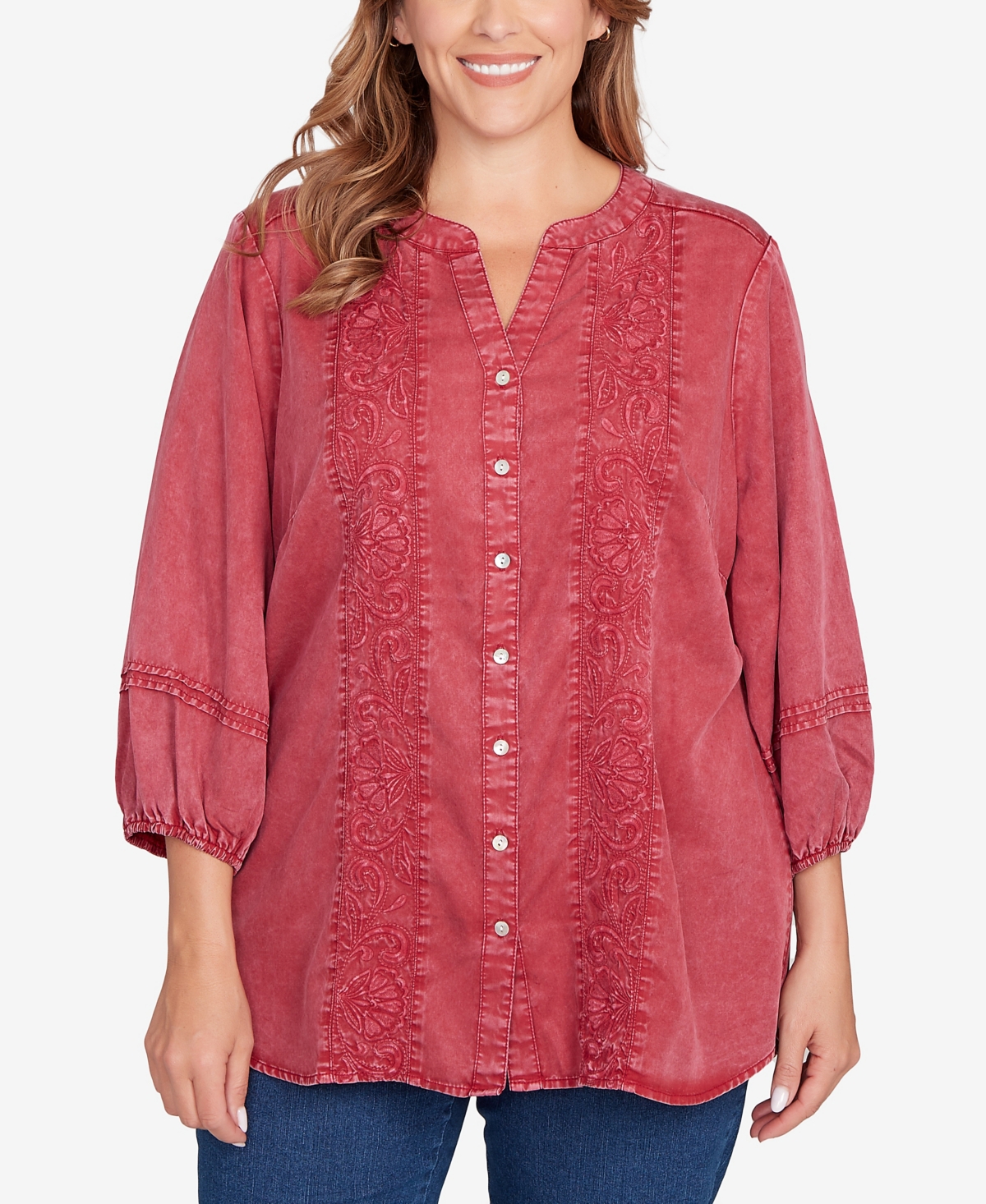 Plus Size Artisan Embroidered Button Front Top - Sangria