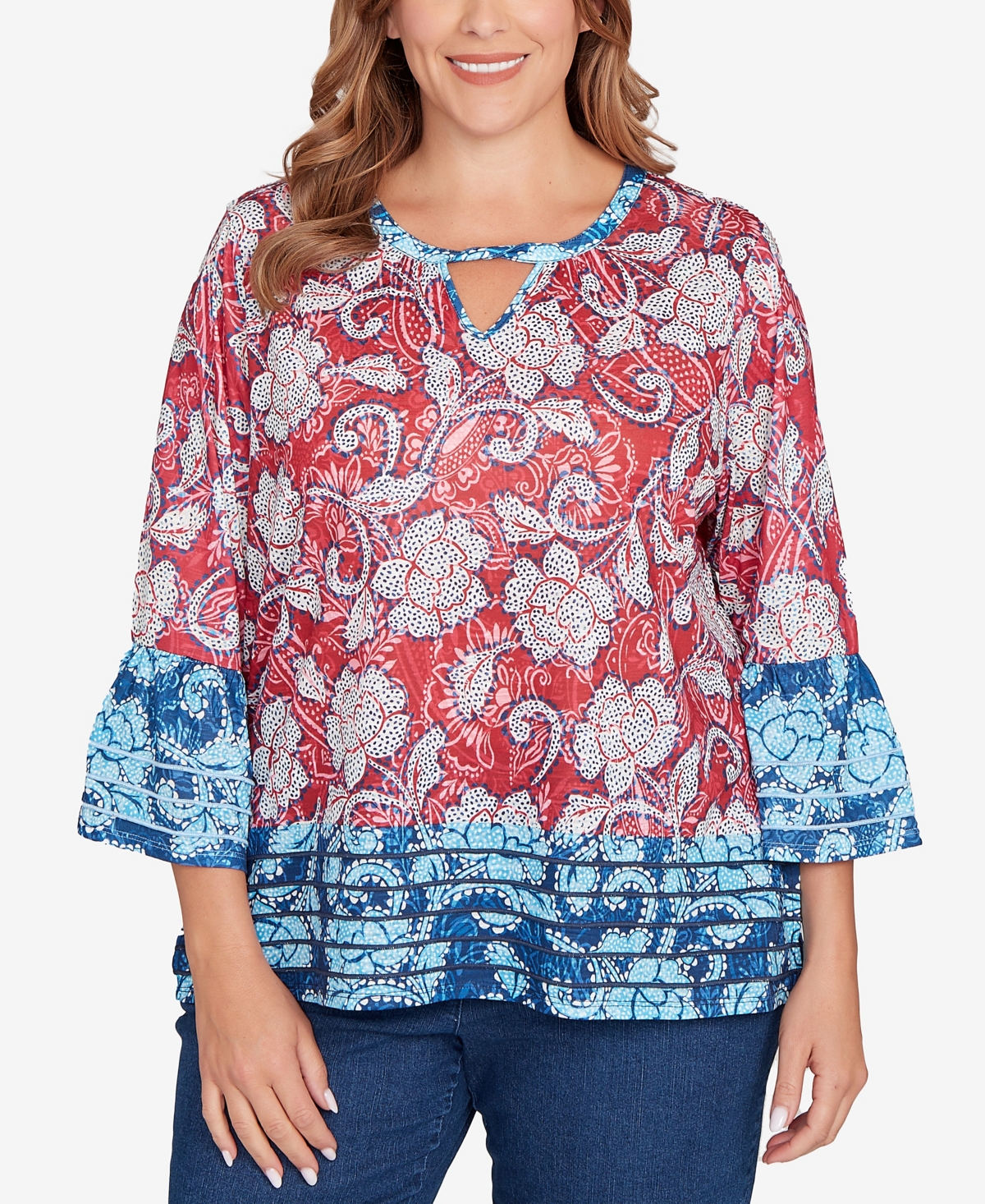 Plus Size Speckled Floral Flounce Sleeve Top - Sangria Multi