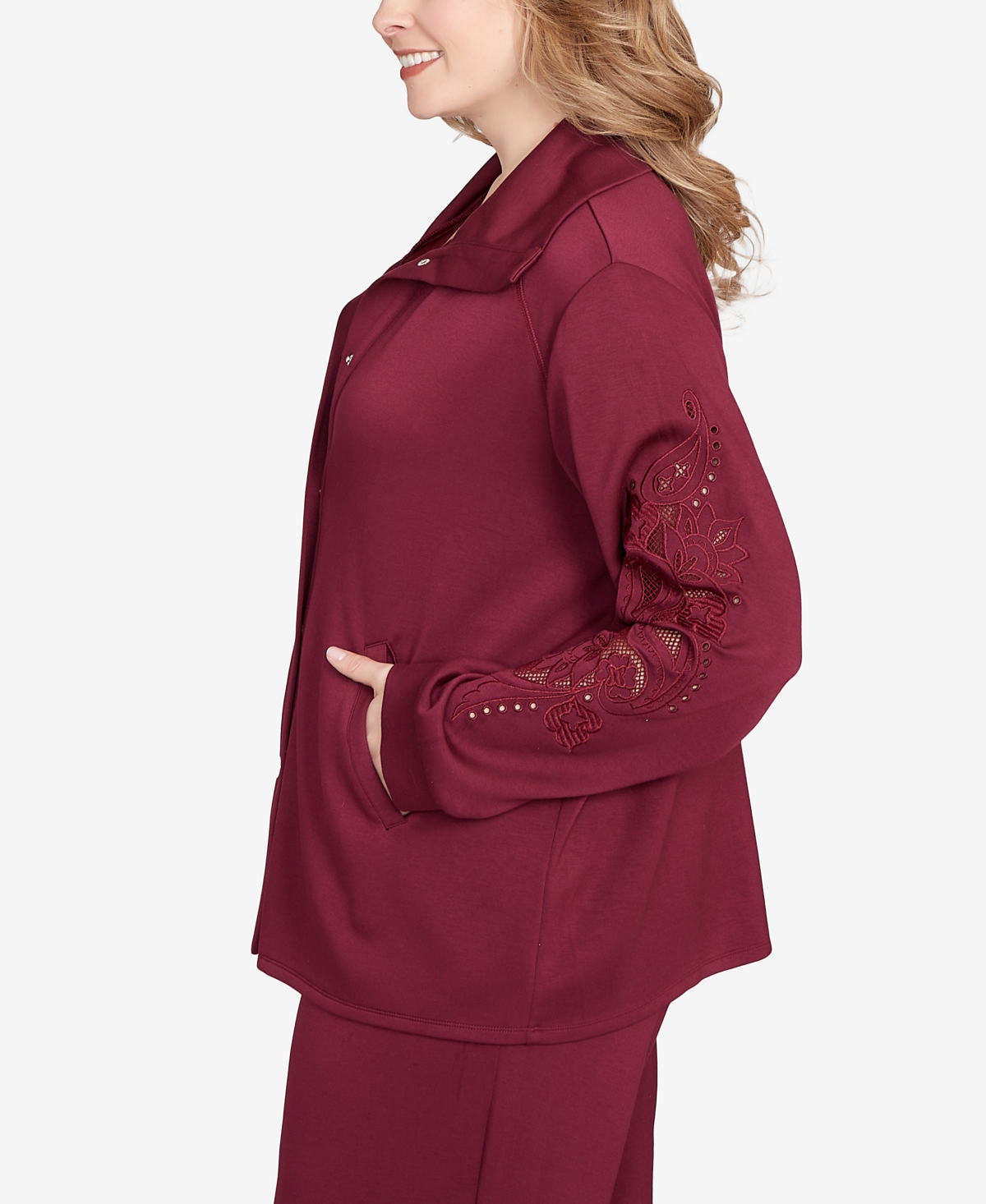Ruby Rd. Plus Size Embroidered Floral Cutout Snap Jacket In Purple