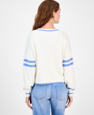 Juniors' V-Neck Varsity Stripe Sweater