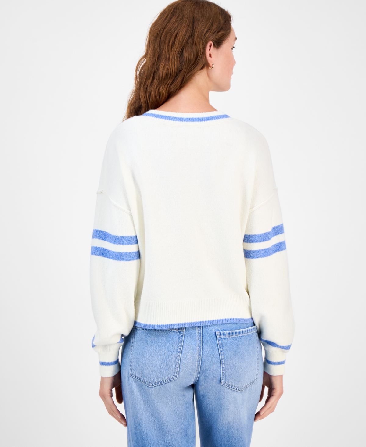 Freshman Juniors' V-neck Varsity Stripe Sweater In White