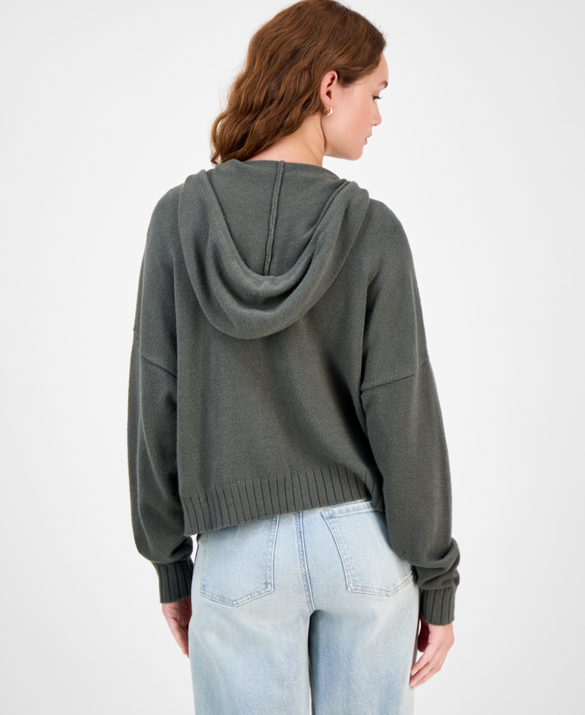 Hippie Rose Juniors' Mossy Zip-up Sweater Hoodie In Gray