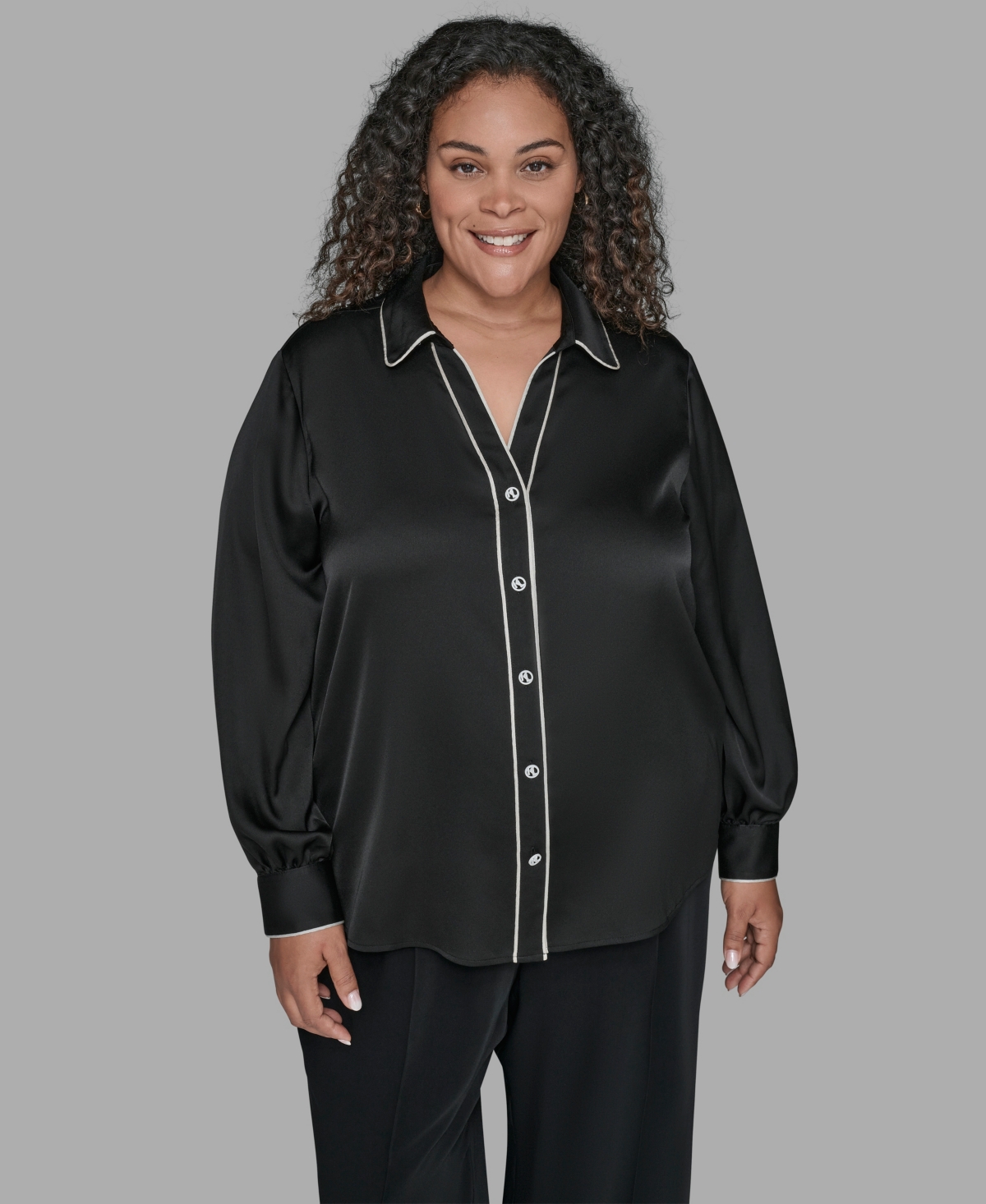 Karl Lagerfield Paris Plus Size Contrast Placket Long Sleeves Blouse - Black
