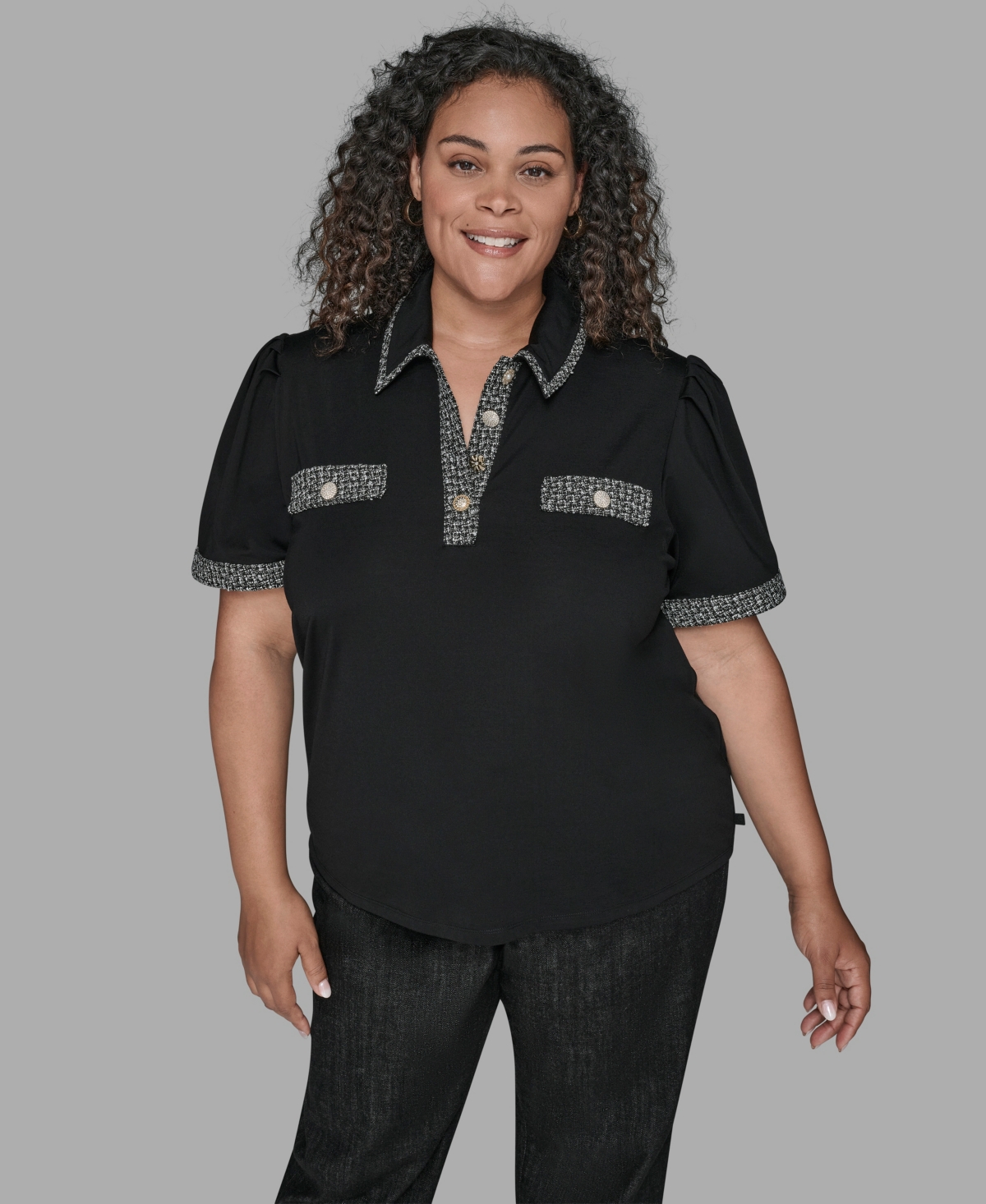 Karl Lagerfeld Karl Lagerfield Paris Plus Size Short Sleeves Tweed Trim Knit Top In Black