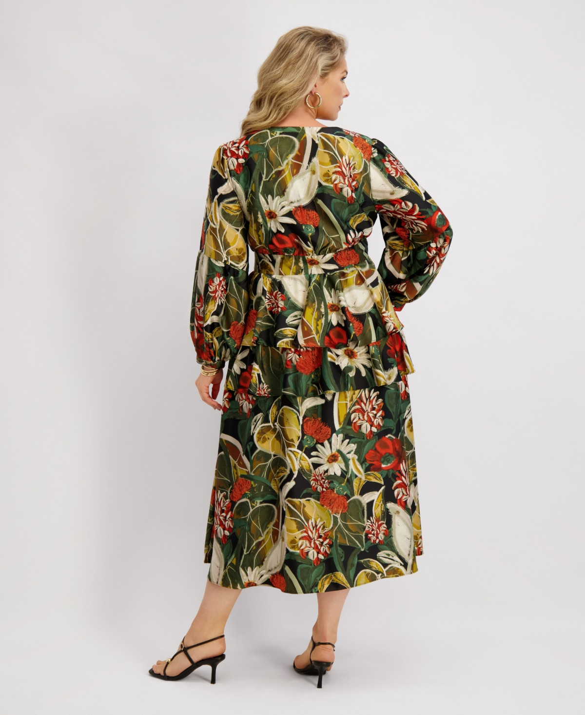 Siena Plus Size Long-sleeve Tiered Satin Maxi Dress In Multi