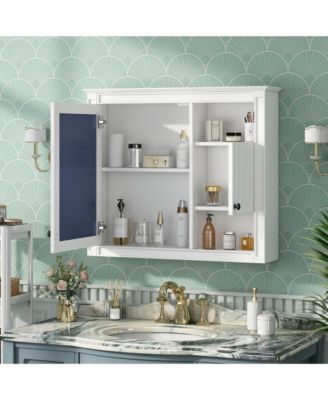 32" Bathroom Wall Cabinet with Mirrored Door and 3 Storage Shelves, Wall Mounted Storage Cabinet