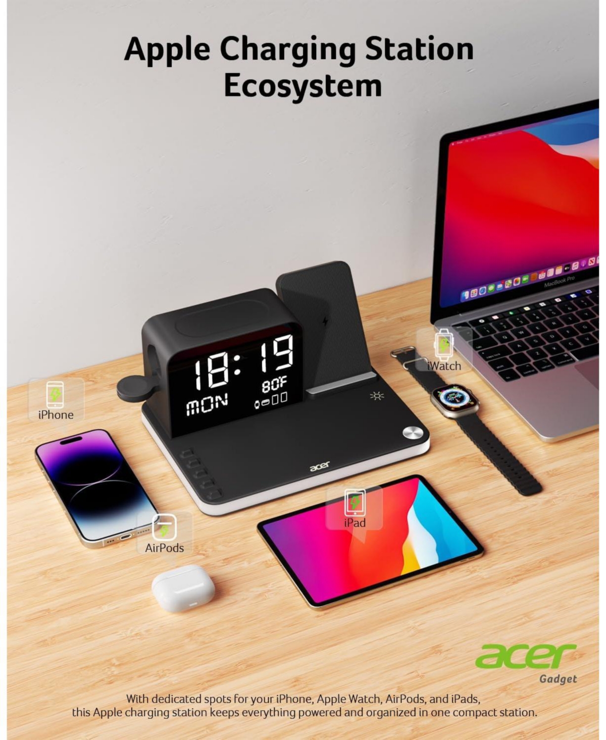 Acer 7-in-1 Wireless Charging Station for Apple Devices - Charger Stand for iPhone 16/15/14/13/12 Pro Max, Apple Watch, AirPods, and More