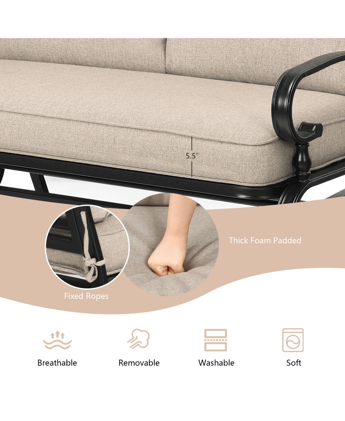 Gymax Patio Swing Glider Chair Rocking Loveseat Bench for 2 Persons with Beige Cushions
