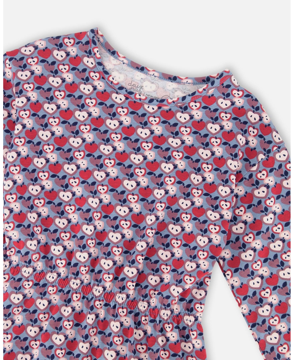 Deux par Girl Cotton Dress with Flounce Hem Blue Apple Print