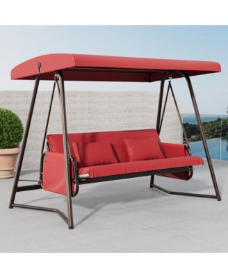 Outdoor Patio 3 seaters Metal Swing Chair Swing bed with Cushion and Adjustable Canopy Red Color