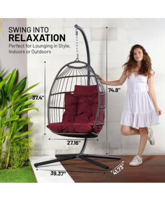 Foldable Egg Chair - Rattan Wicker Hanging Egg Swing Chair with Stand, Waterproof Seat Cushion,, and Headrest for Patio, Bedroom, Porch, and Garden (Red)
