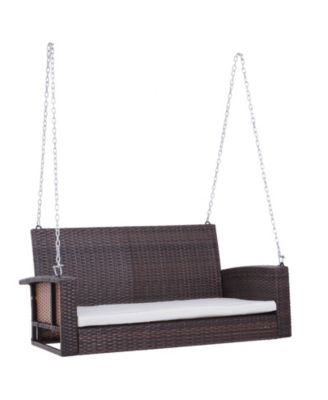 2 Person Wicker Hanging Swing Bench, Front Porch Swing Outdoor Chair with Cushions 550 lbs. Weight Capacity for Backyard, Garden, Cream White