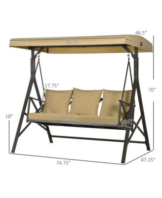 3-Seat Patio Swing Chair, Porch Swing Glider with Cushion, 3 Throw Pillows & Adjustable Canopy for Porch, Garden, Poolside, Backyard, Khaki