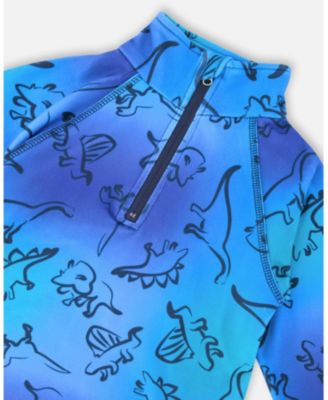 Big Boys Two-Piece Thermal Underwear Set Blue Gradient Dinosaur Print