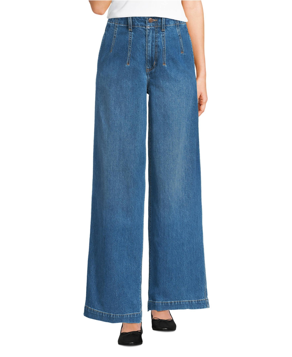 Women's Petite Soft Denim High Rise Wide Leg Top Stitch Trousers - Indigo tide blue