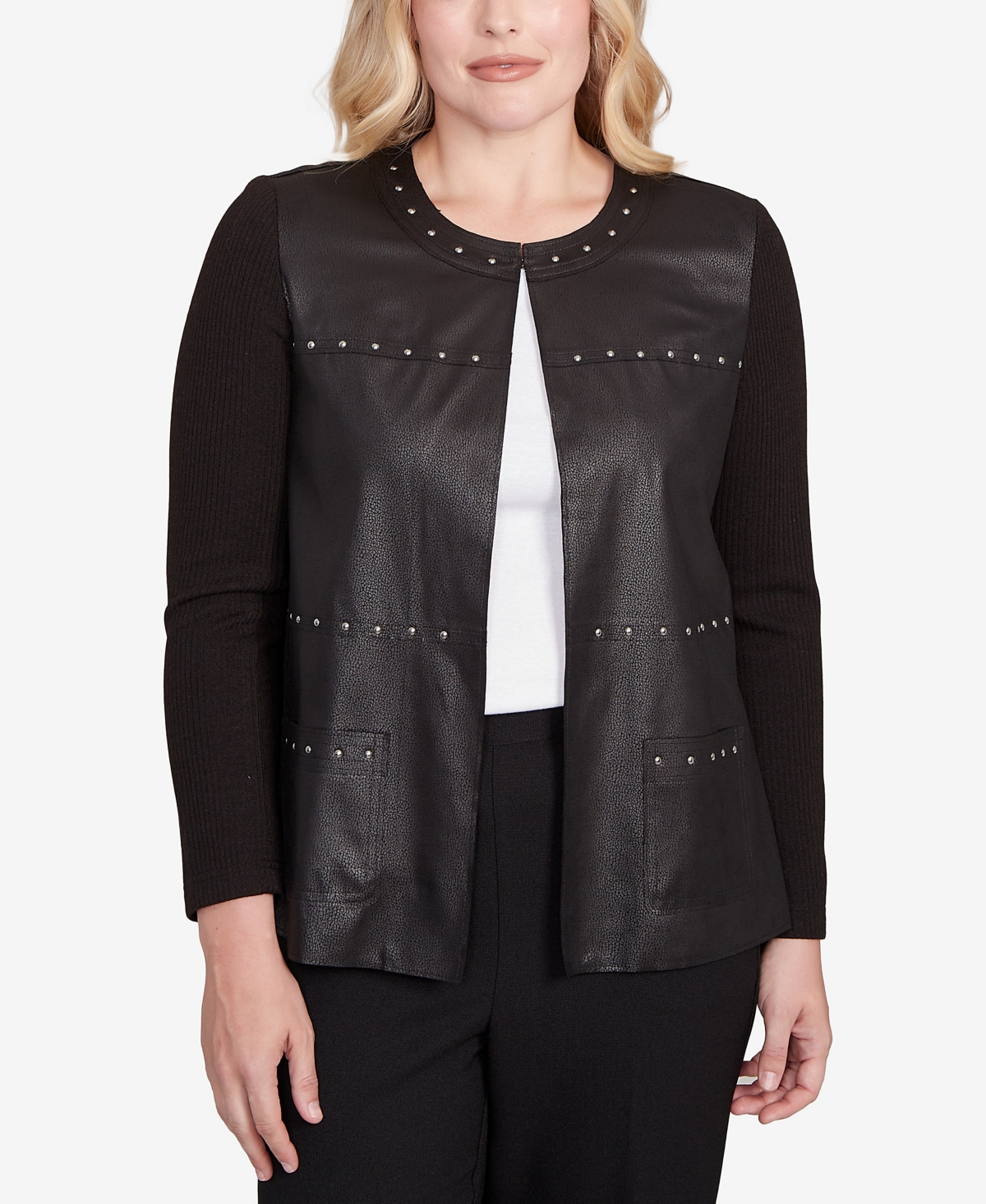 Women's Sweater Trim Faux Leather Jacket - Black
