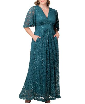 Plus Size Luminous Sequin Lace Evening Gown with Pockets