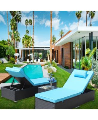 3-Piece Outdoor Patio Furniture Set Chaise Lounge, Patio Reclining Rattan Lounge Chair Chaise Couch Cushioned with Glass Coffee Table, Adjustable Back and Feet, Lounger Chair for Pool Garden, Blue