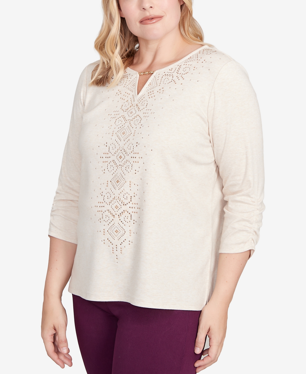 Alfred Dunner Women's Urban Legend Center Embellished V-neck Top In Neutral
