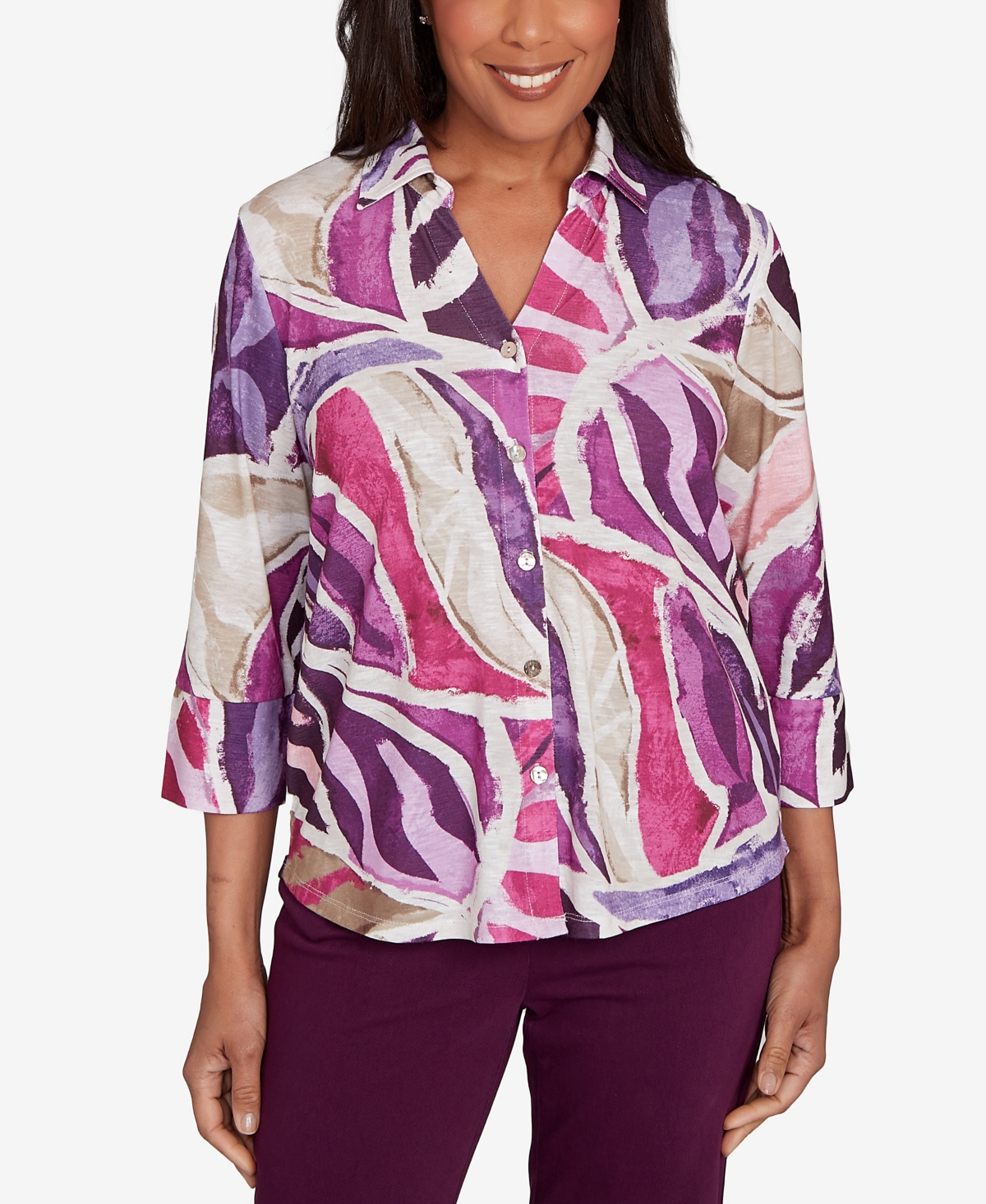 Women's Urban Legend Abstract Floral Button Front Top - Plum Multi
