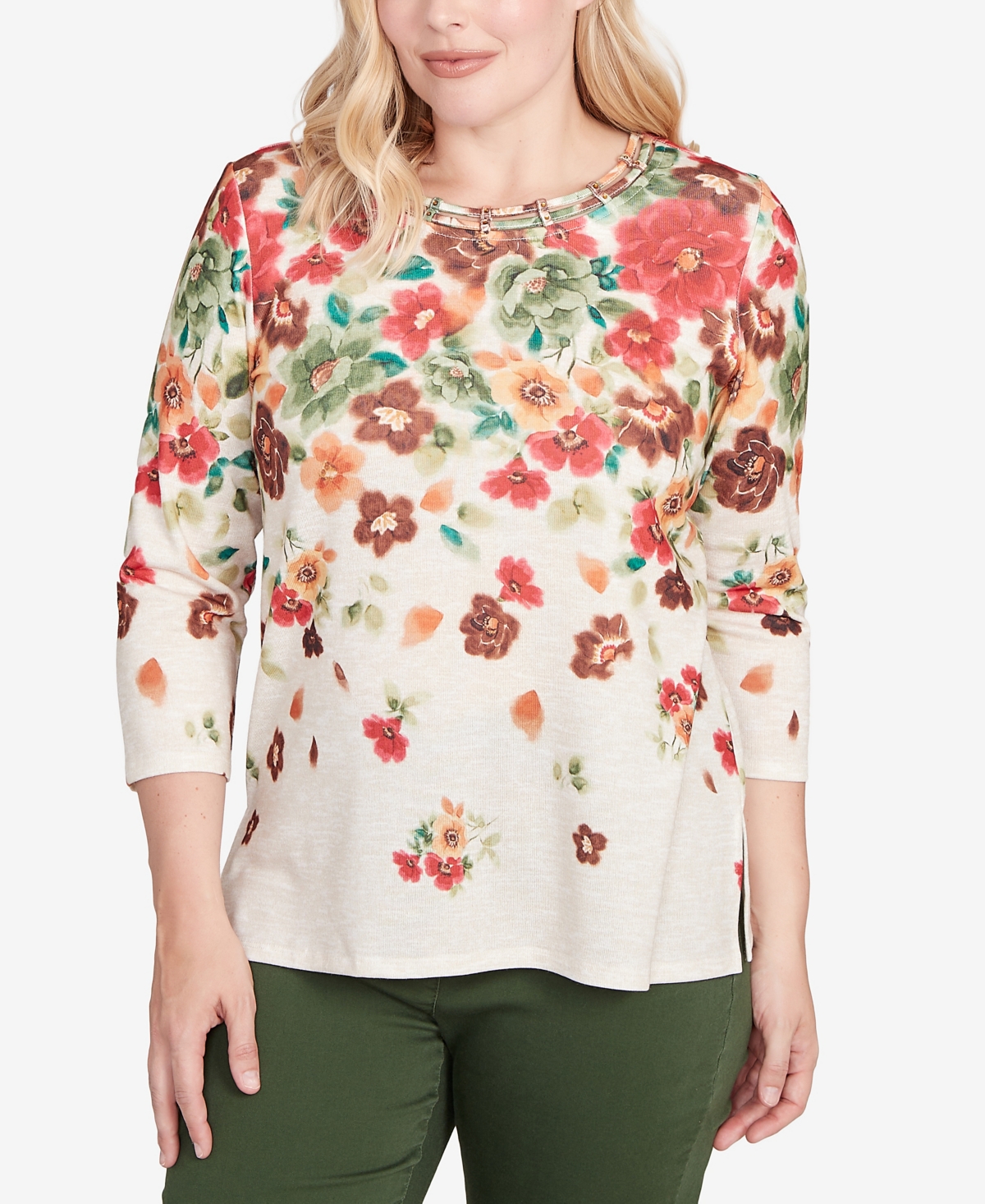 Women's Mount Laurel Floral Detailed Neck Top - Oatmeal Multi