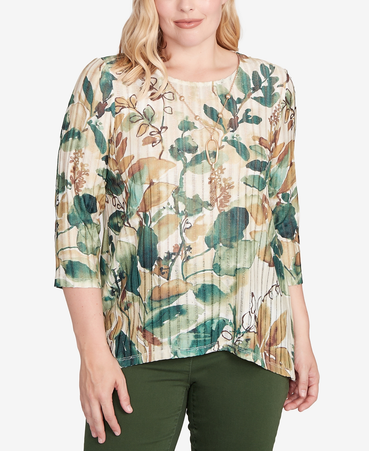 Women's Mount Laurel Abstract Leaf Sharkbite Hem Top with Necklace - Pine