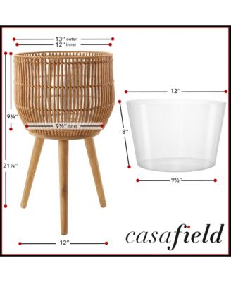 Floor Planter with Wood Legs in Natural, Planter Basket with Stand, Large Plant Pot Cover with Liner