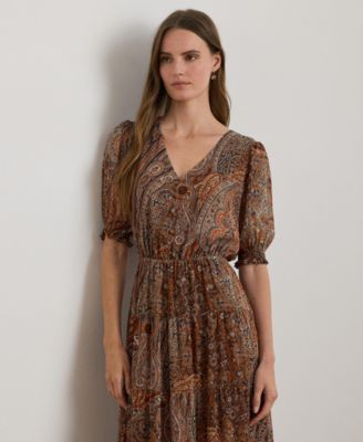 Women's Paisley Belted Crinkle Puffed Sleeve Georgette Dress