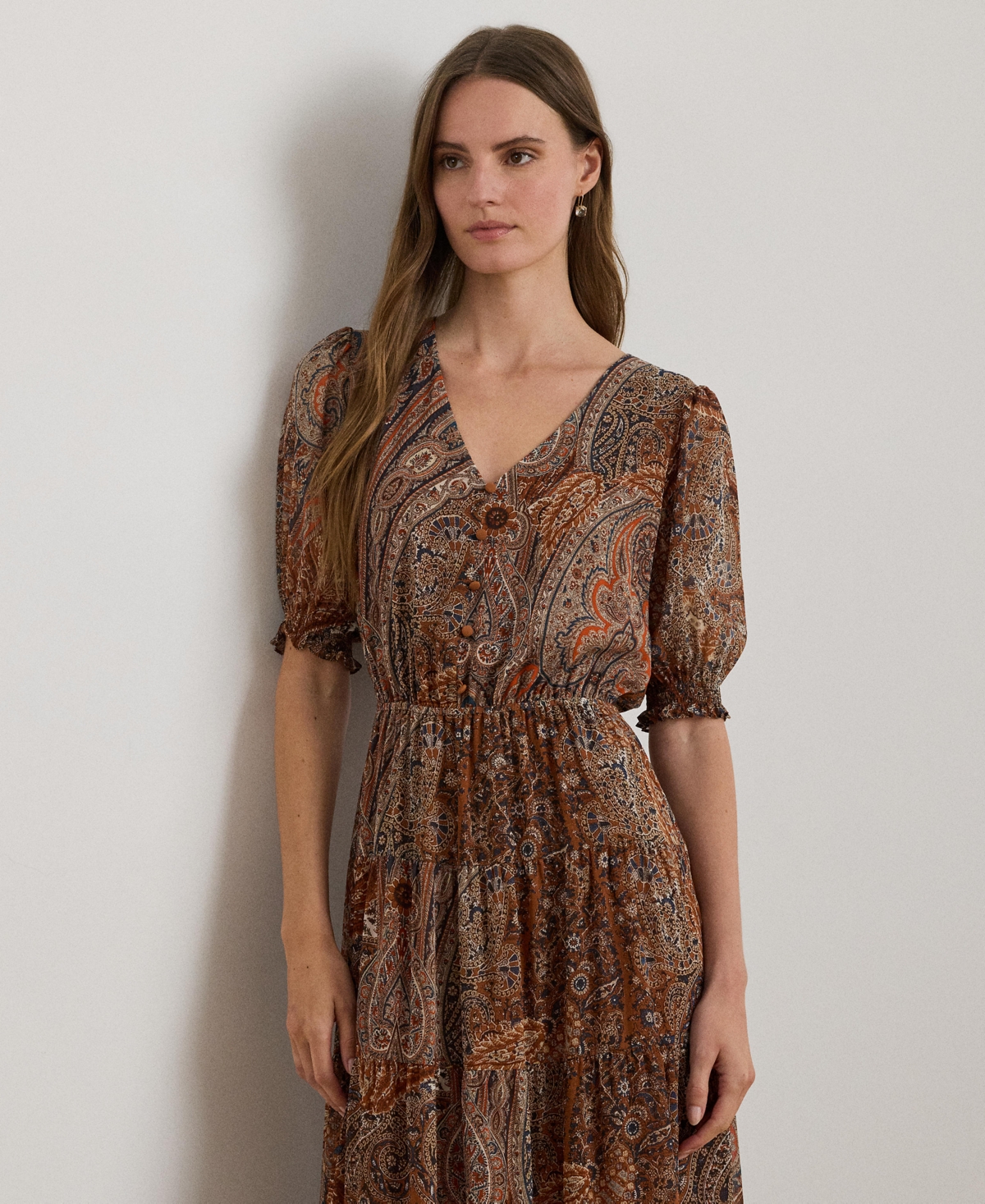 Ralph Lauren Paisley Belted Crinkle Georgette Dress In Brown