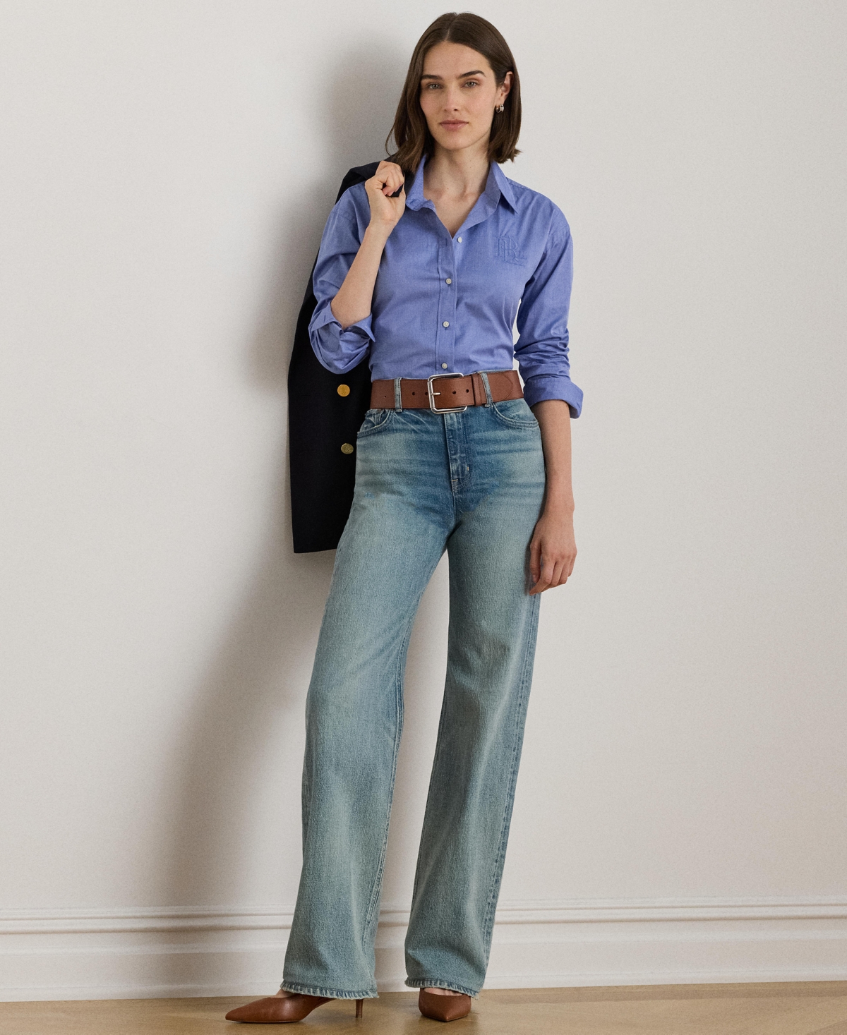 Ralph Lauren Women's End On End Kott Long Sleeve Relaxed Fit Shirt In Blue