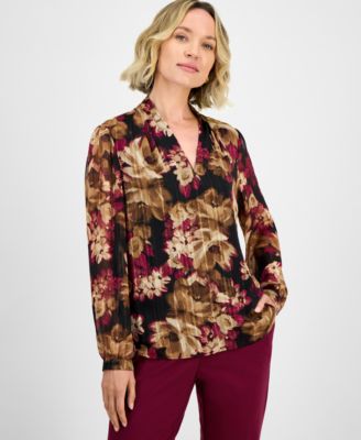 Kasper - Floral-Print V-Neck Long-Sleeve Blouse, Regular & Petites