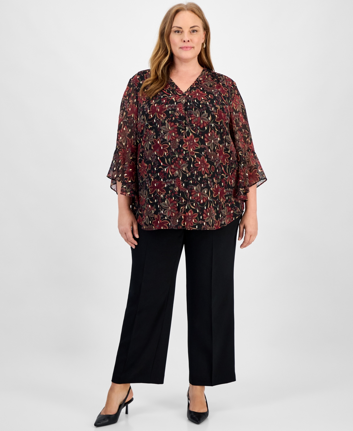 Jones New York Plus Size Printed V-neck Flutter-sleeve Top In Black