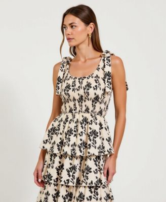 Women's Smocked Tiered Bow-Tie Straps Floral Midi Dress