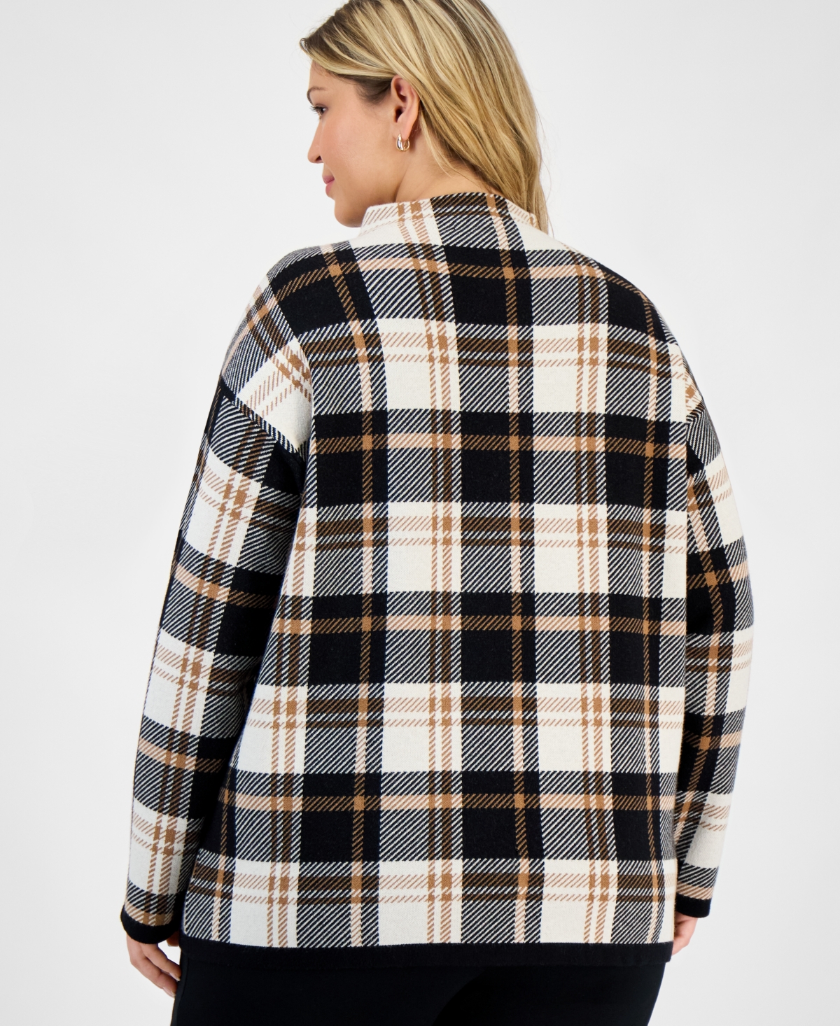 Jones New York Plus Size Plaid Funnel-neck Long-sleeve Top In Black