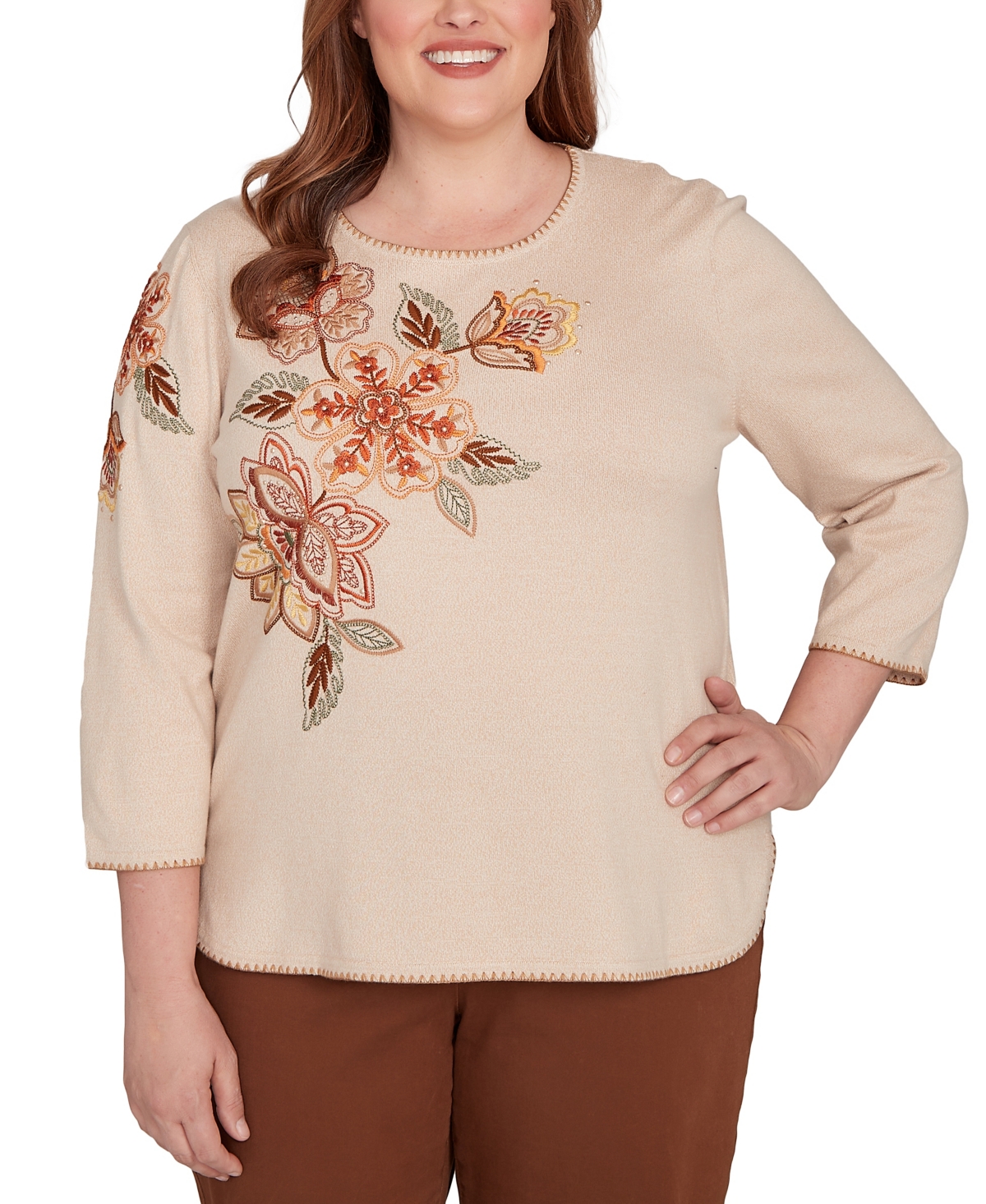 Plus Size Mount Laurel Asymmetrical Embroidered Flower Sweater - Oatmeal