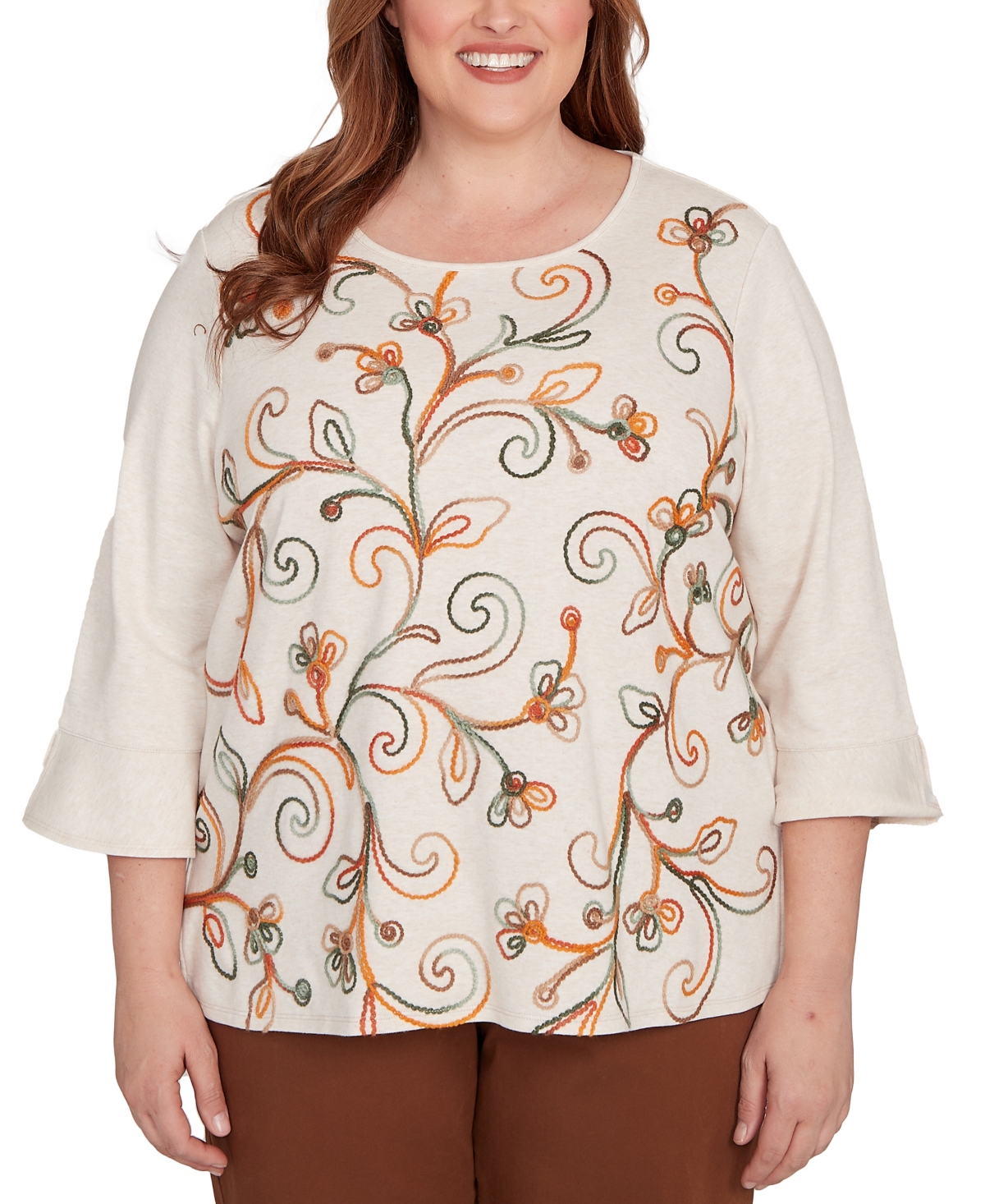 Plus Size Mount Laurel Textured Scroll Embroidered Top - Oatmeal