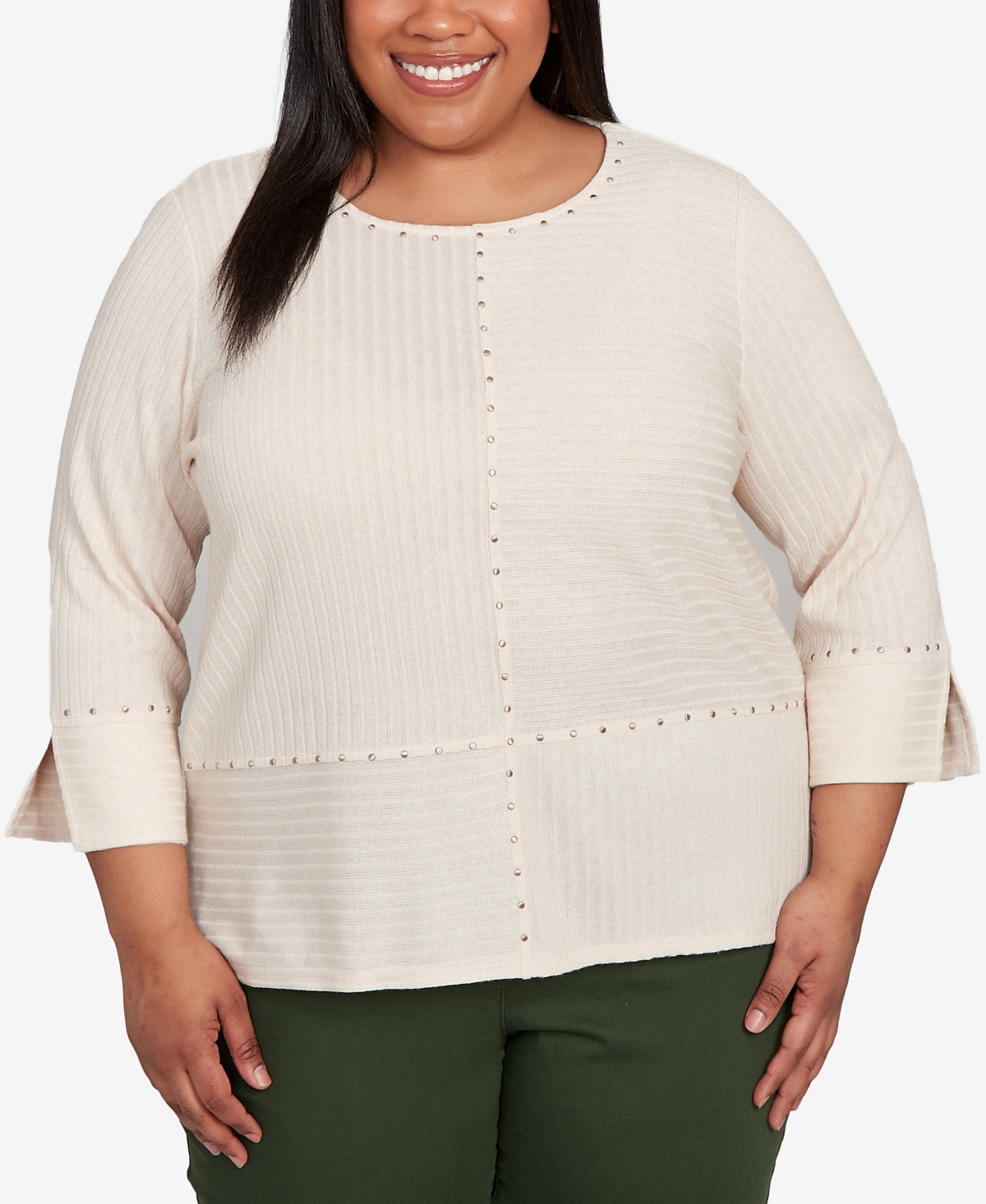 Plus Size Mount Laurel Heat Set Embellished Solid Top - Oatmeal