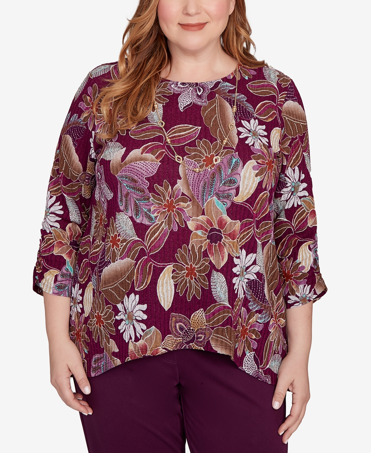 Alfred Dunner Plus Size Urban Legend Batik Floral Melange Printed Top In Multi