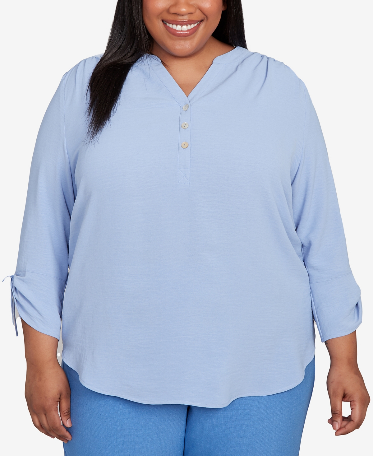 Plus Size As Usual Tie Sleeve Crinkle Textured Henley Top - Ivory