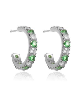 Sterling Silver White Gold Plated With Cubic Zirconia C-Shaped Hoop Earrings